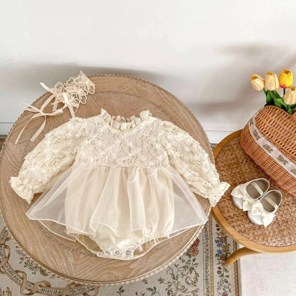 Apricot Floral Lace Long Sleeve Tulle Dress