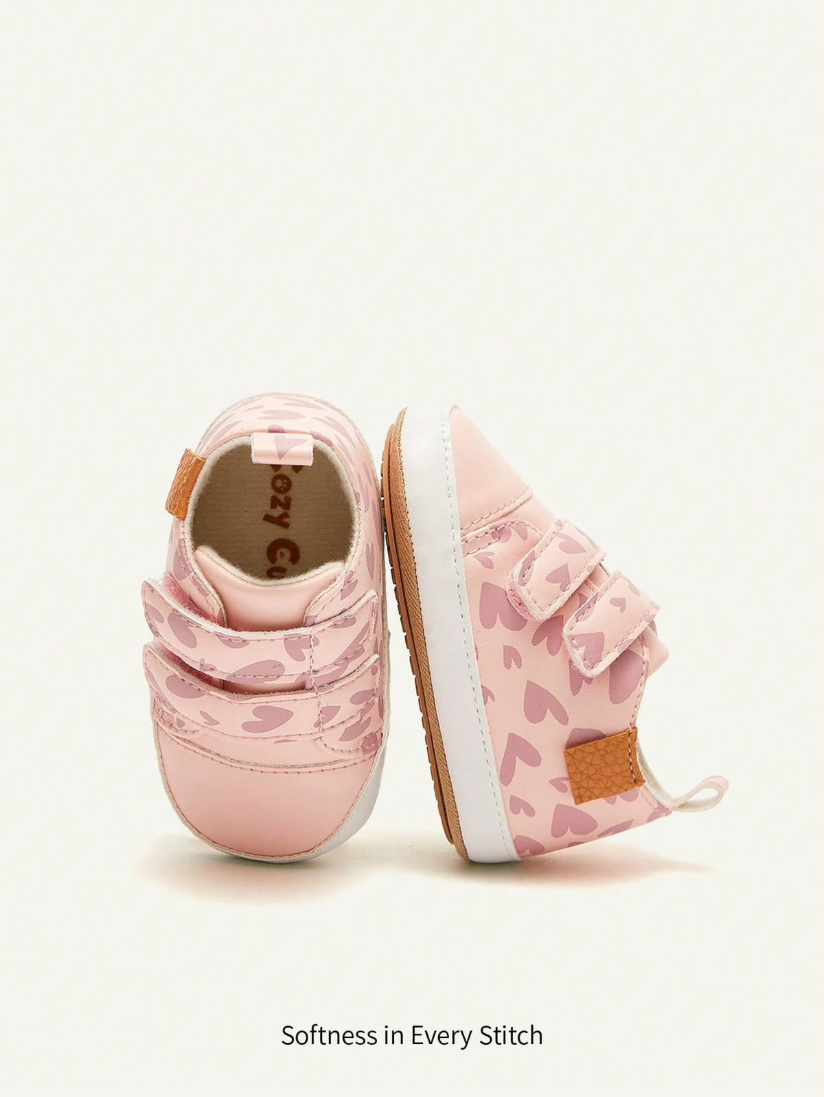 Pink Heart Pattern Baby Sneakers with Double Straps