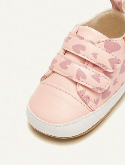 Pink Heart Pattern Baby Sneakers with Double Straps