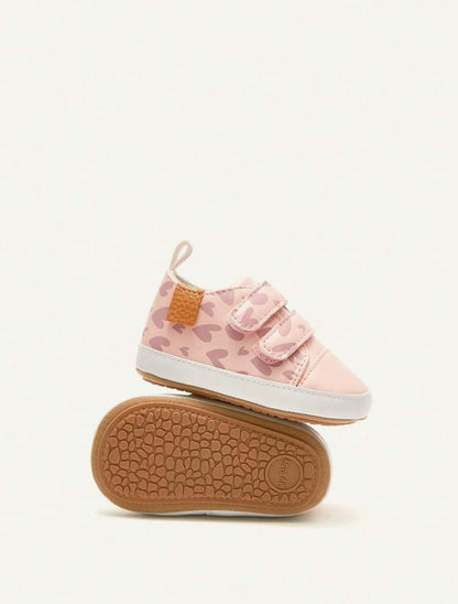 Pink Heart Pattern Baby Sneakers with Double Straps