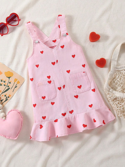 Pink Heart Print Suspender Dress with Ruffle Hem