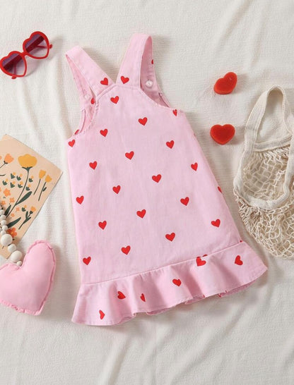 Pink Heart Print Suspender Dress with Ruffle Hem