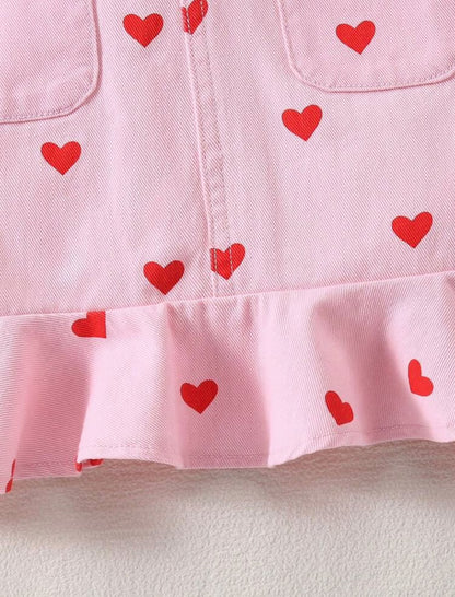 Pink Heart Print Suspender Dress with Ruffle Hem