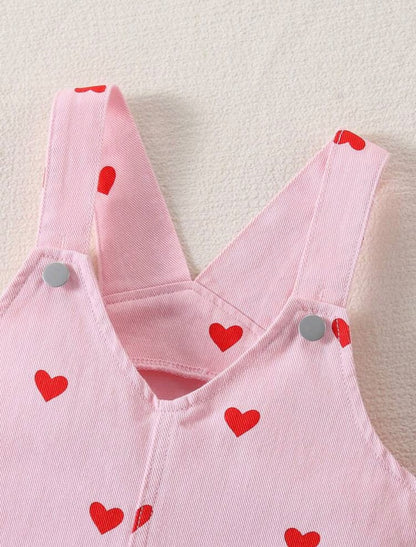 Pink Heart Print Suspender Dress with Ruffle Hem