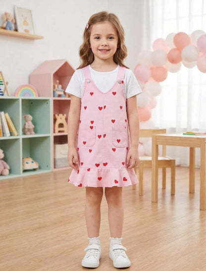 Pink Heart Print Suspender Dress with Ruffle Hem