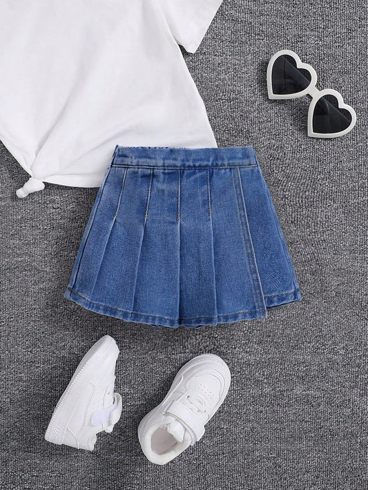 Blue Pleated Denim Skort
