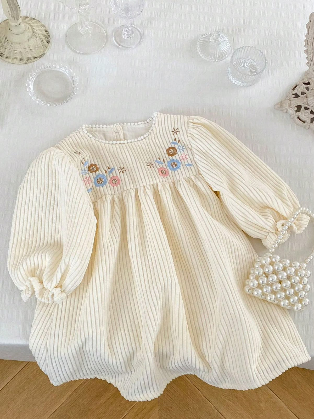 Cream Ribbed Dress with Floral Embroidered Yoke