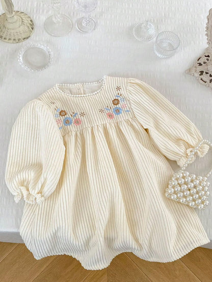 Cream Ribbed Dress with Floral Embroidered Yoke