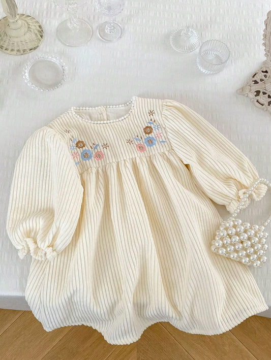 Cream Ribbed Dress with Floral Embroidered Yoke