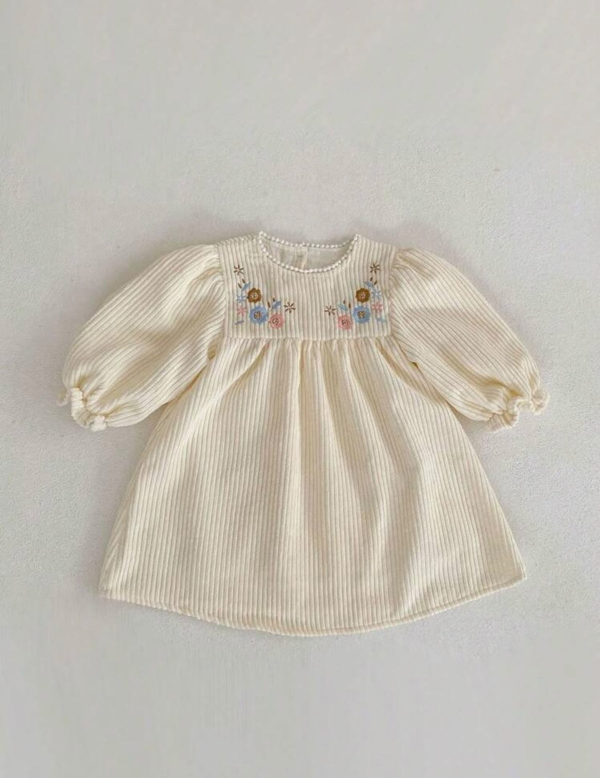 Cream Ribbed Dress with Floral Embroidered Yoke