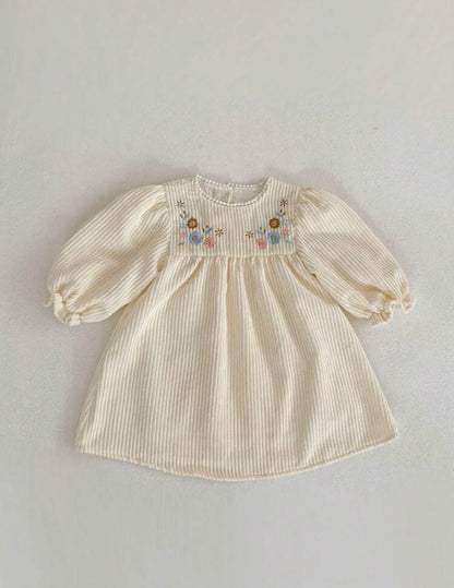 Cream Ribbed Dress with Floral Embroidered Yoke