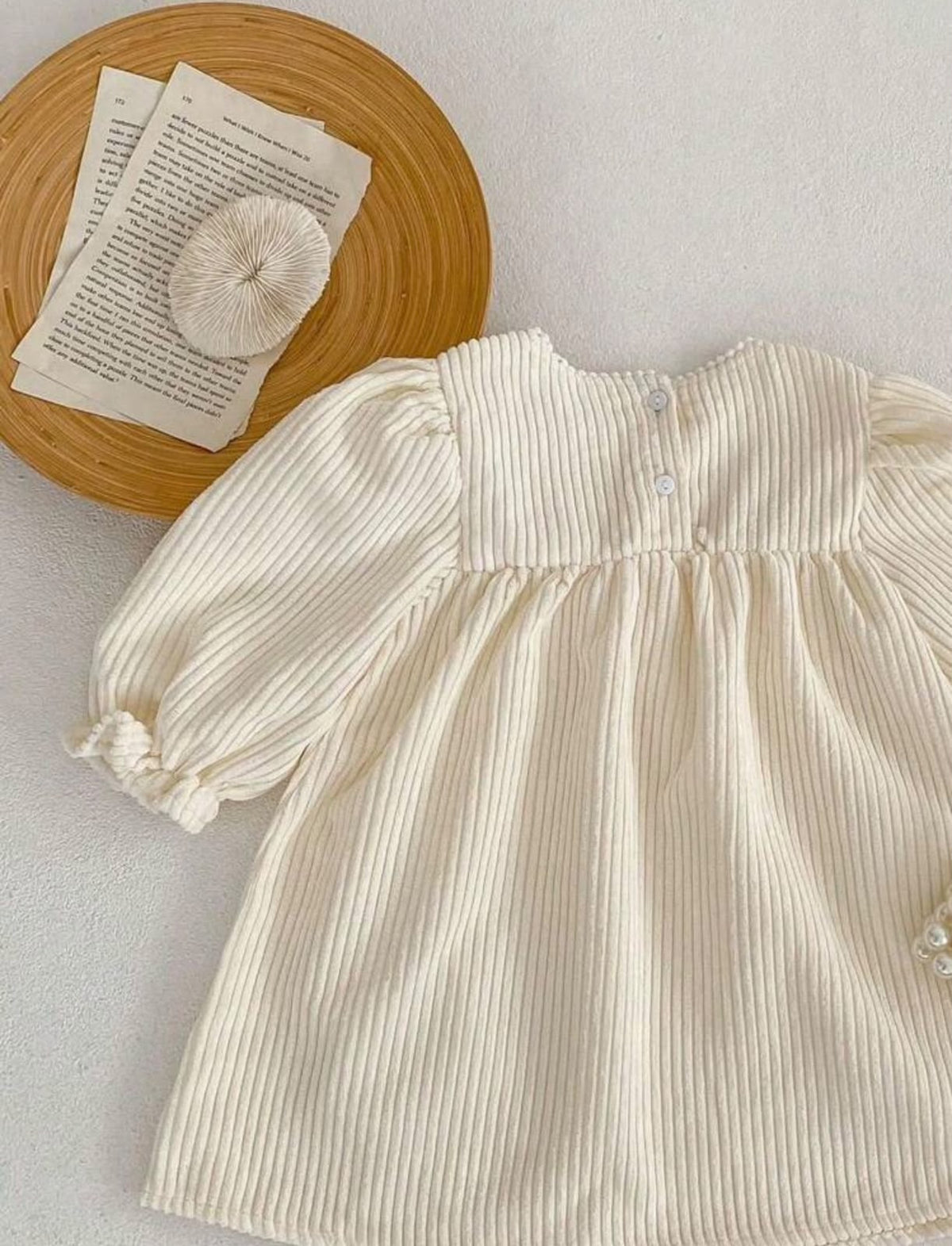 Cream Ribbed Dress with Floral Embroidered Yoke