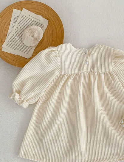 Cream Ribbed Dress with Floral Embroidered Yoke