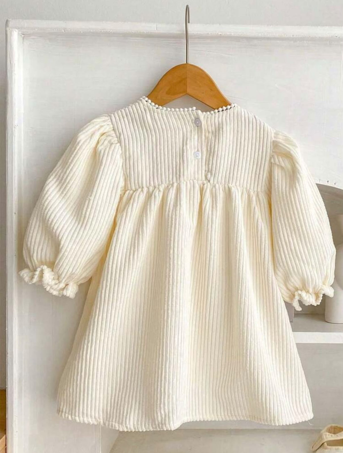 Cream Ribbed Dress with Floral Embroidered Yoke