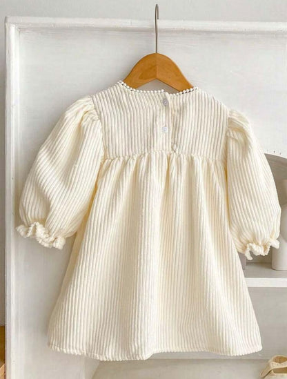 Cream Ribbed Dress with Floral Embroidered Yoke